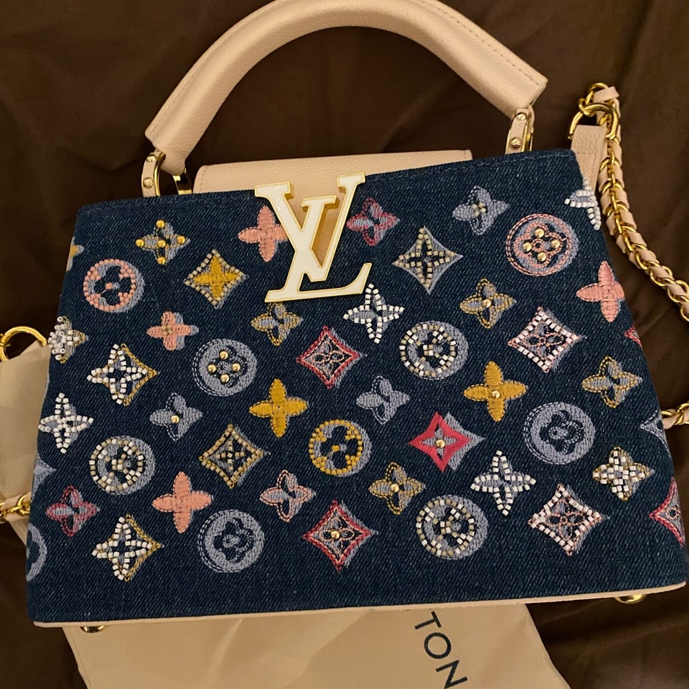 Louis Vuitton Denim Multicolor Monogram Top Handle Satchel with Cream Trim - Picture 9 of 9